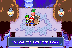 Mario and Luigi picking up the Red Pearl Bean in Gwarhar Lagoon of Mario & Luigi: Superstar Saga.