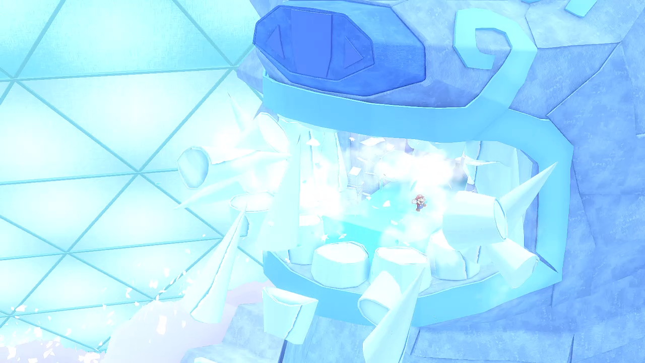 Mario crashes into the teeth of an Ice Vellumental statue
