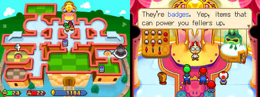 The quartet getting a Salvage Badge from Professor E. Gadd in Peach's Castle of Mario & Luigi: Partners in Time.