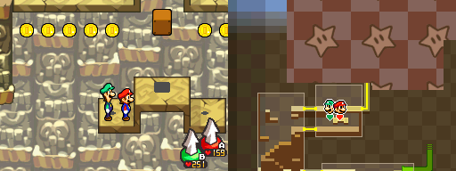 Mario and Luigi near 5 Coins in Plack Beach of Mario & Luigi: Bowser's Inside Story.