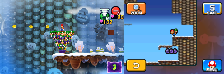Mario and Luiginoids (in the shape of a cone) near 18 Coins (with 3 visible) in Dreamy Mount Pajamaja accessed by the Mega Pi'illo named Shawn of Mario & Luigi: Dream Team.