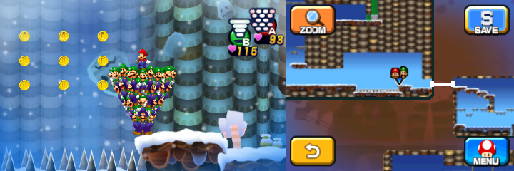 Mario and Luiginoids (in the shape of a cone) near 18 Coins (with 9 visible) in Dreamy Mount Pajamaja accessed by a Dreampoint found at the peak of the real world mountain of Mario & Luigi: Dream Team.