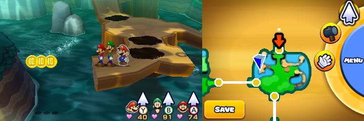 Group near 3 10-Coins in Gloomy Woods of Mario & Luigi: Paper Jam.