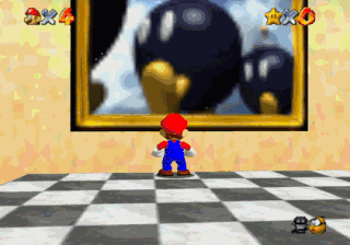 Animated screenshot of Mario jumping into the painting for Bob-omb Battlefield from Super Mario 64.