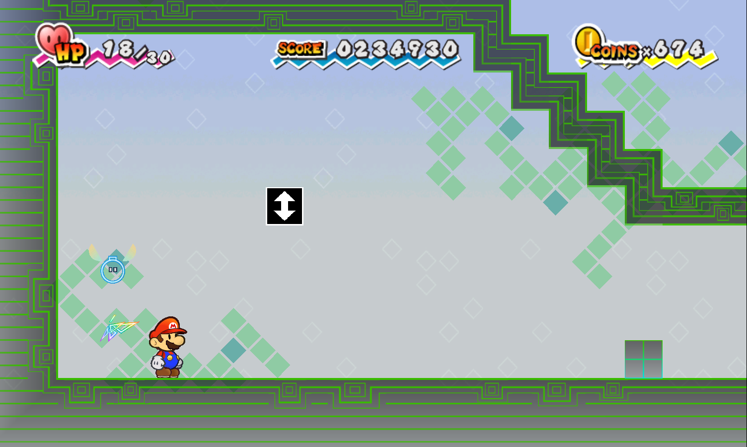 Mario in the Whoa Zone near a gravity switch in Super Paper Mario