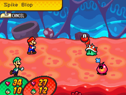 Mario and Luigi battling a Spike Blop and a Goombule in Trash Pit