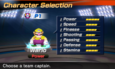 Wario's stats in the soccer portion of Mario Sports Superstars