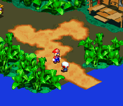 Toad giving Mario 4 Mushrooms in the Mario's Pad of Super Mario RPG: Legend of the Seven Stars.