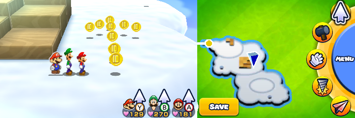 Group near 9 10-Coins in Sunbeam Plains of Mario & Luigi: Paper Jam.
