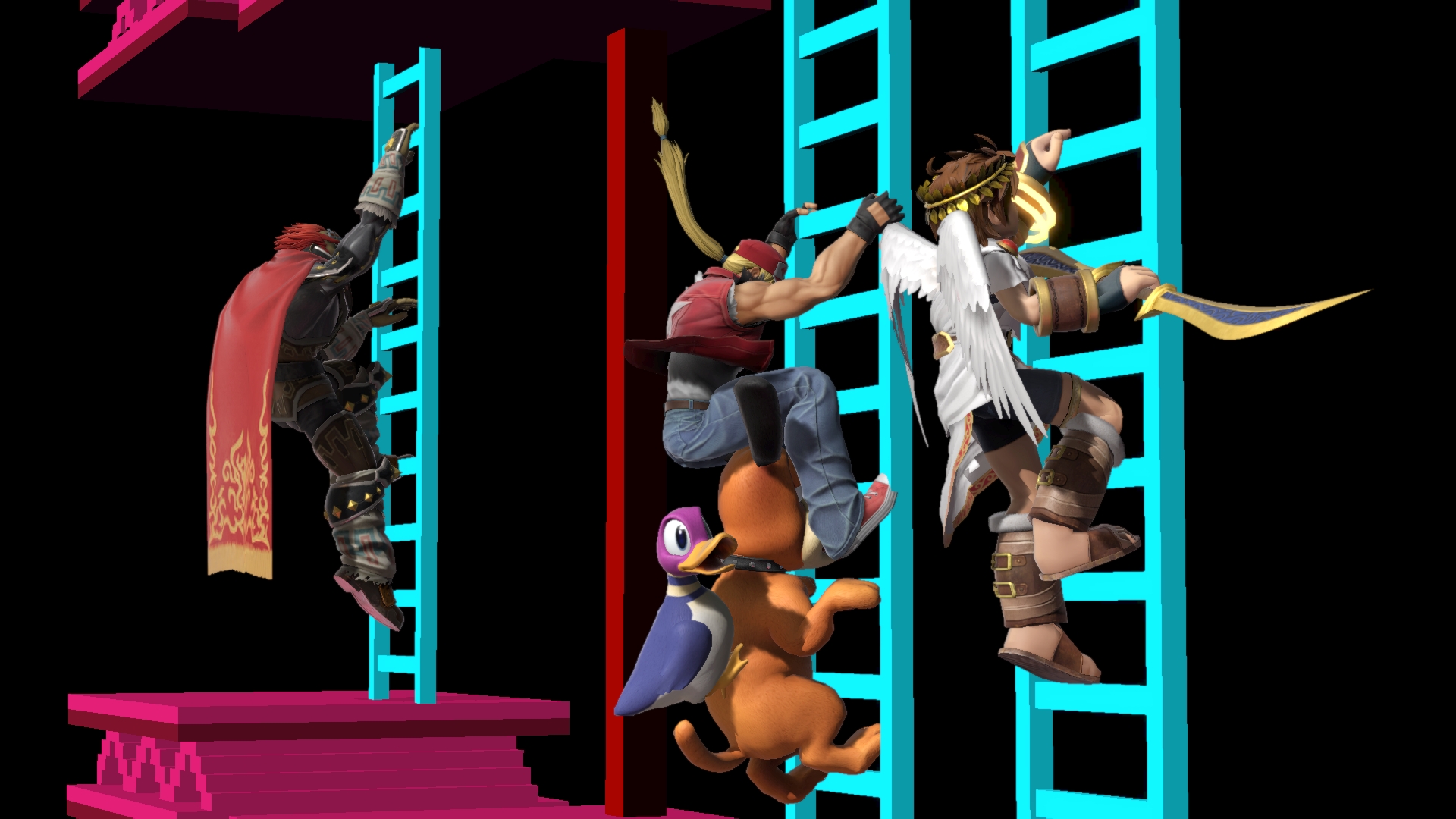 Ganondorf, Terry, Duck Hunt, and Pit climbing ladders on the 75 m stage