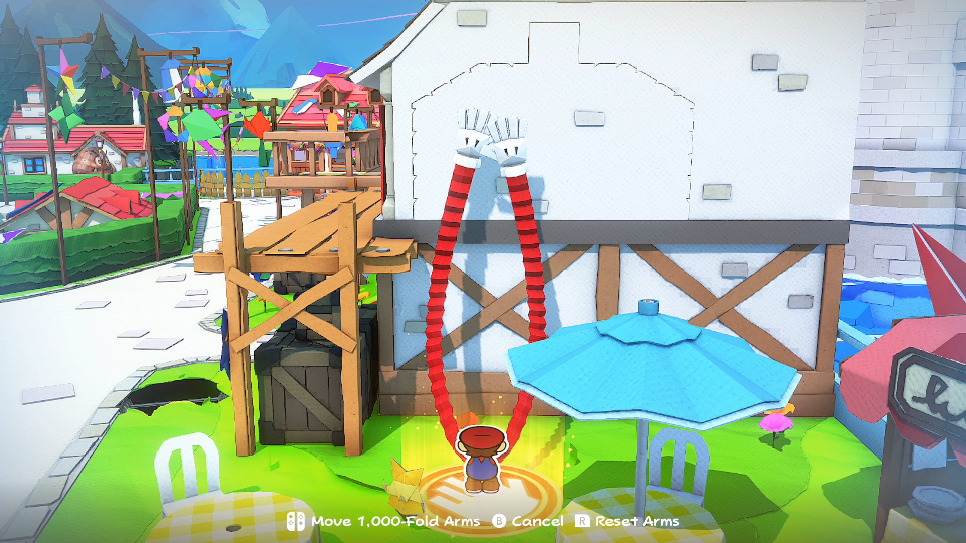 Mario using the 1,000-Fold Arms move in Toad Town