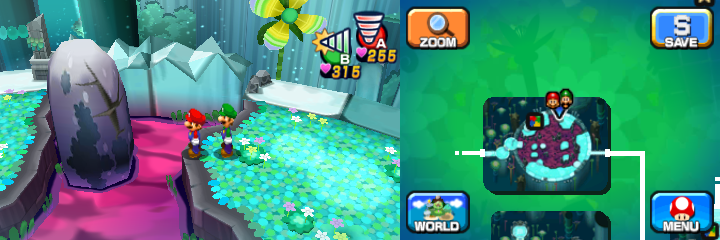 Mario and Luigi near a boulder containing a Coin in Somnom Woods of Mario & Luigi: Dream Team.