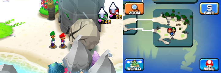 Mario and Luigi near a boulder containing a Coin in Driftwood Shore of Mario & Luigi: Dream Team.