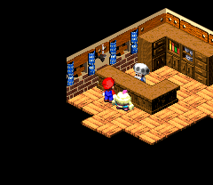 Shopkeeper Toad giving Mario Cricket Pie in exchange for Rare Frog Coin in the Mushroom Kingdom of Super Mario RPG: Legend of the Seven Stars.