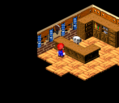 Shopkeeper Toad giving Mario a Pick Me Up in the Mushroom Kingdom of Super Mario RPG: Legend of the Seven Stars.