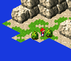 Mario finding a Frog Coin inside of the bush in Booster Pass of Super Mario RPG: Legend of the Seven Stars.