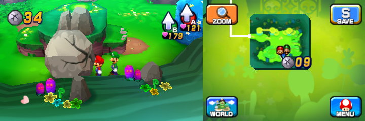 Mario and Luigi near a boulder containing a Coin in Mushrise Park of Mario & Luigi: Dream Team.