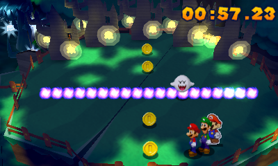 Group near 4 Coins in Bye-Bye, Boo mission of Mario & Luigi: Paper Jam.