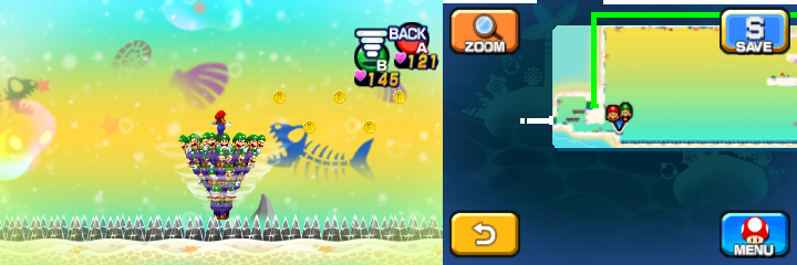 Mario and Luiginoids (in the shape of a cone) near 5 Coins in Dreamy Driftwood Shore housing Seadric the Seadring of Mario & Luigi: Dream Team.