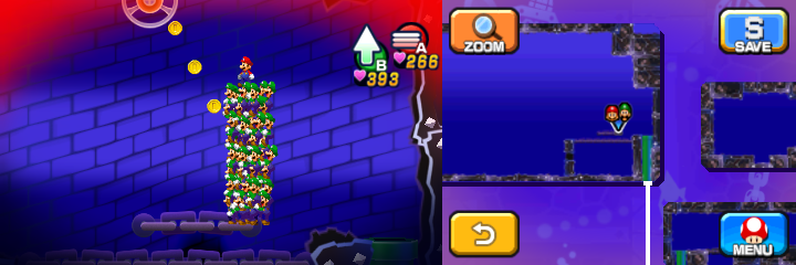 Mario and Luiginoids (in the shape of a stack) near 6 Coins (with 3 visible) in Dreamy Neo Bowser Castle accessed by the fourth Koopa Clown Car Dreampoint of Mario & Luigi: Dream Team.