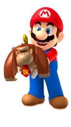 Mario holding a Mini Donkey Kong.