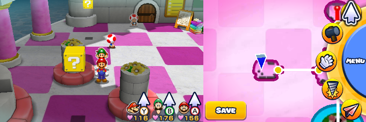 Sixth and seventh blocks in damaged Peach's Castle of Mario & Luigi: Paper Jam.