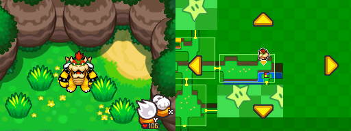 Bowser near 4 clumps of grass, in which 2 contain a Coin each in Dimble Wood of Mario & Luigi: Bowser's Inside Story.