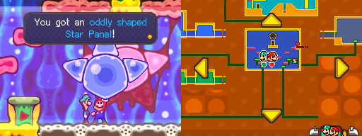 Mario and Luigi picking up the oddly shaped Star Panel of Mario & Luigi: Bowser's Inside Story.