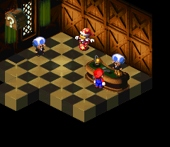 Mario winning a Frog Coin from the round of Blackjack in Grate Guy's Casino of Super Mario RPG: Legend of the Seven Stars.