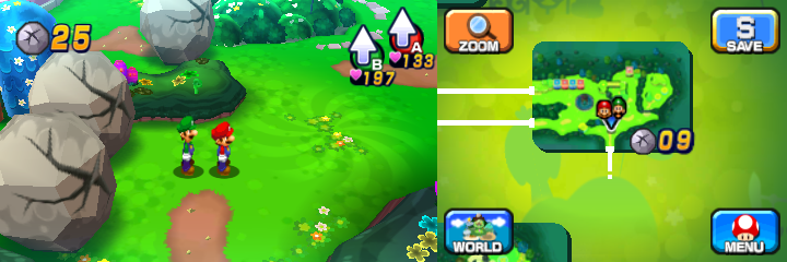 Mario and Luigi near three boulders containing a Coin each in Mushrise Park of Mario & Luigi: Dream Team.