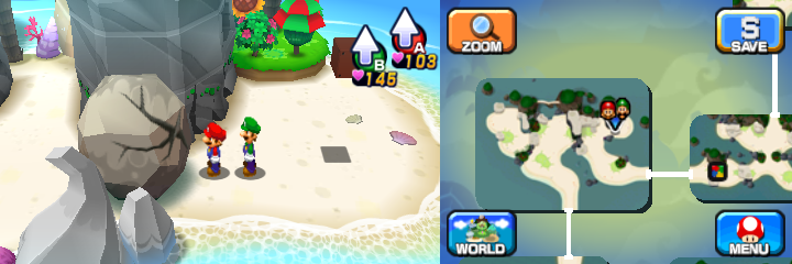 Mario and Luigi near a boulder containing a Coin in Driftwood Shore of Mario & Luigi: Dream Team.