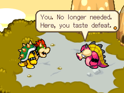 Screenshot of Bowser encountering Midbus for the first time, from Mario & Luigi: Bowser's Inside Story.
