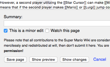 The Super Mario Wiki's minor edit checkbox, with surrounding elements.