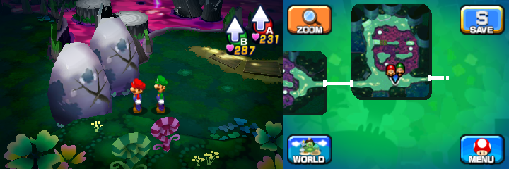 Mario and Luigi near two boulders containing a Coin each in Somnom Woods of Mario & Luigi: Dream Team.