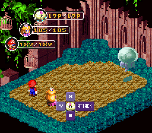 Mallow using Sticky Glove on a Muckle in Super Mario RPG: Legend of the Seven Stars
