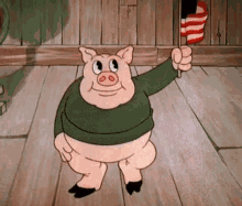 A pig dancing while holding the American Flag