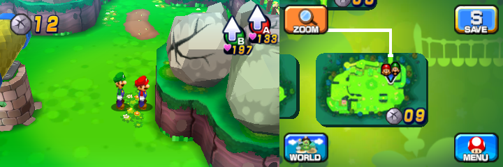 Mario and Luigi near two boulders with one containing a Coin in Mushrise Park of Mario & Luigi: Dream Team.
