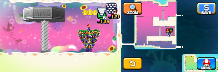 Mario and Luiginoids (in the shape of a cone) near 2 50-Coins and 100-Coin in Dreamy Driftwood Shore housing Seadric the Seadring of Mario & Luigi: Dream Team.