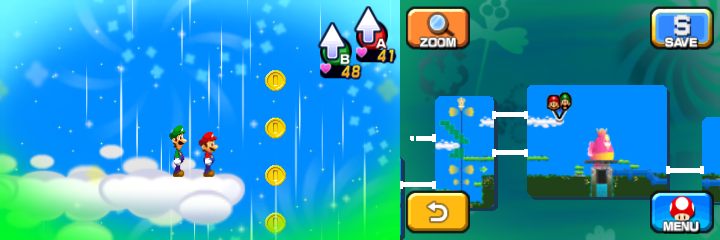 Mario and Luigi near 7 Coins (with 4 visible here) in Dreamy Mushrise Park accessed by a Eldream Pi'illo of Mario & Luigi: Dream Team.