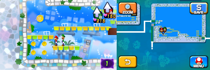 Mario and Luigi near 4 Coins and a 50-Coin in Dreamy Wakeport accessed by the Bedsmith Pi'illo/Pi'iloper's Dreampoint of Mario & Luigi: Dream Team.