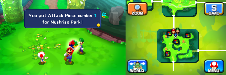 Mario getting the first Attack Piece for the 3D Red Shell Bros. Attack from a Toad in Mushrise Park of Mario & Luigi: Dream Team.