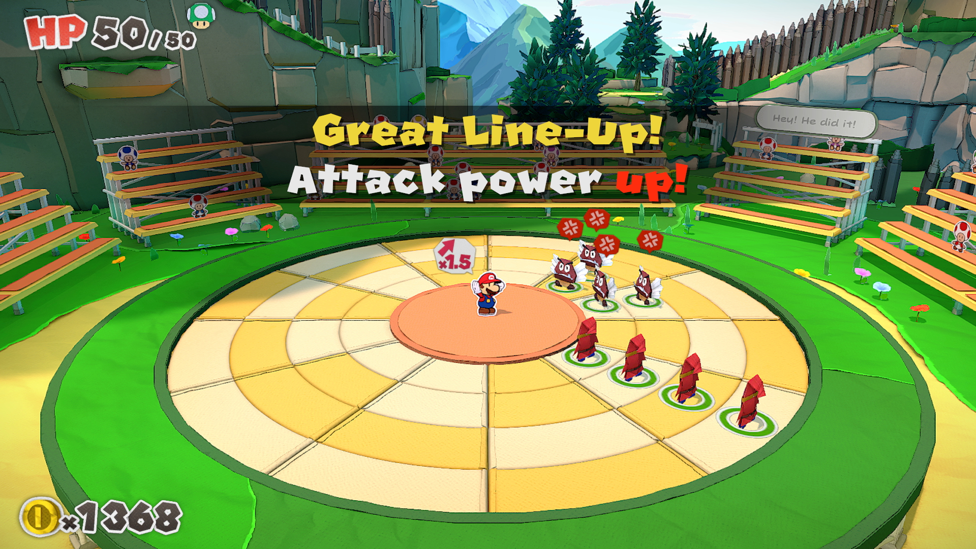Mario achieving an attack power-up in battle
