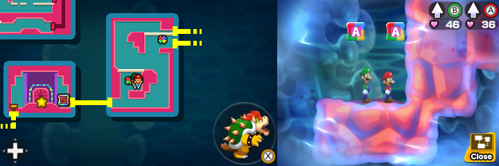 Tenth and eleventh blocks in Pump Works of Mario & Luigi: Bowser's Inside Story + Bowser Jr.'s Journey.