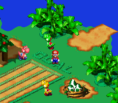 Mario finding Big Boo Flag between O and A of the goal on Yo'ster Isle of Super Mario RPG: Legend of the Seven Stars.