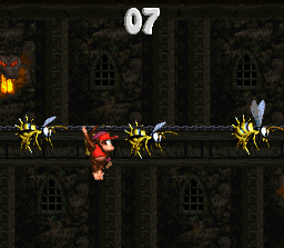 Diddy Kong and Dixie Kong in the first Bonus Level in Chain Link Chamber in the SNES version