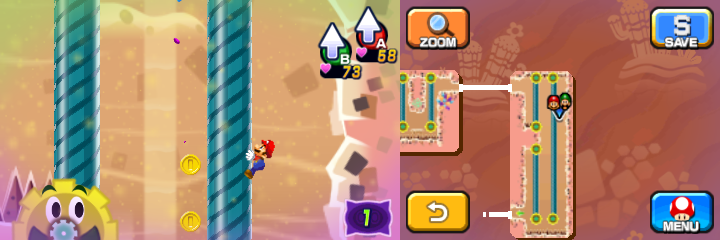 Mario near 7 Coins (with 2 visible) in Dreamy Dozing Sands accessed by fifth Deco Pi'illo of Mario & Luigi: Dream Team.