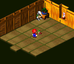 Jinx giving Mario the Jinx Belt in the Monstro Town of Super Mario RPG: Legend of the Seven Stars.