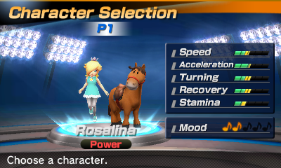 Rosalina's stats in the horse racing portion of Mario Sports Superstars