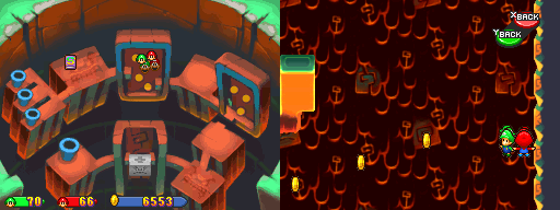 Baby Mario and Baby Luigi near the line of coins in Thwomp Caverns of Mario & Luigi: Partners in Time.