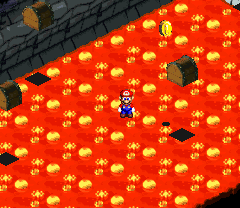 Mario finding last 10-Coin in the invisible path action course of Bowser's Keep of Super Mario RPG: Legend of the Seven Stars.